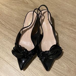 Kate Spade Ophelia Black Patent Leather kitten heel with bow detailing